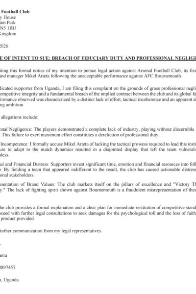 Fan sues Arsenal for emotional distress, professional negligence