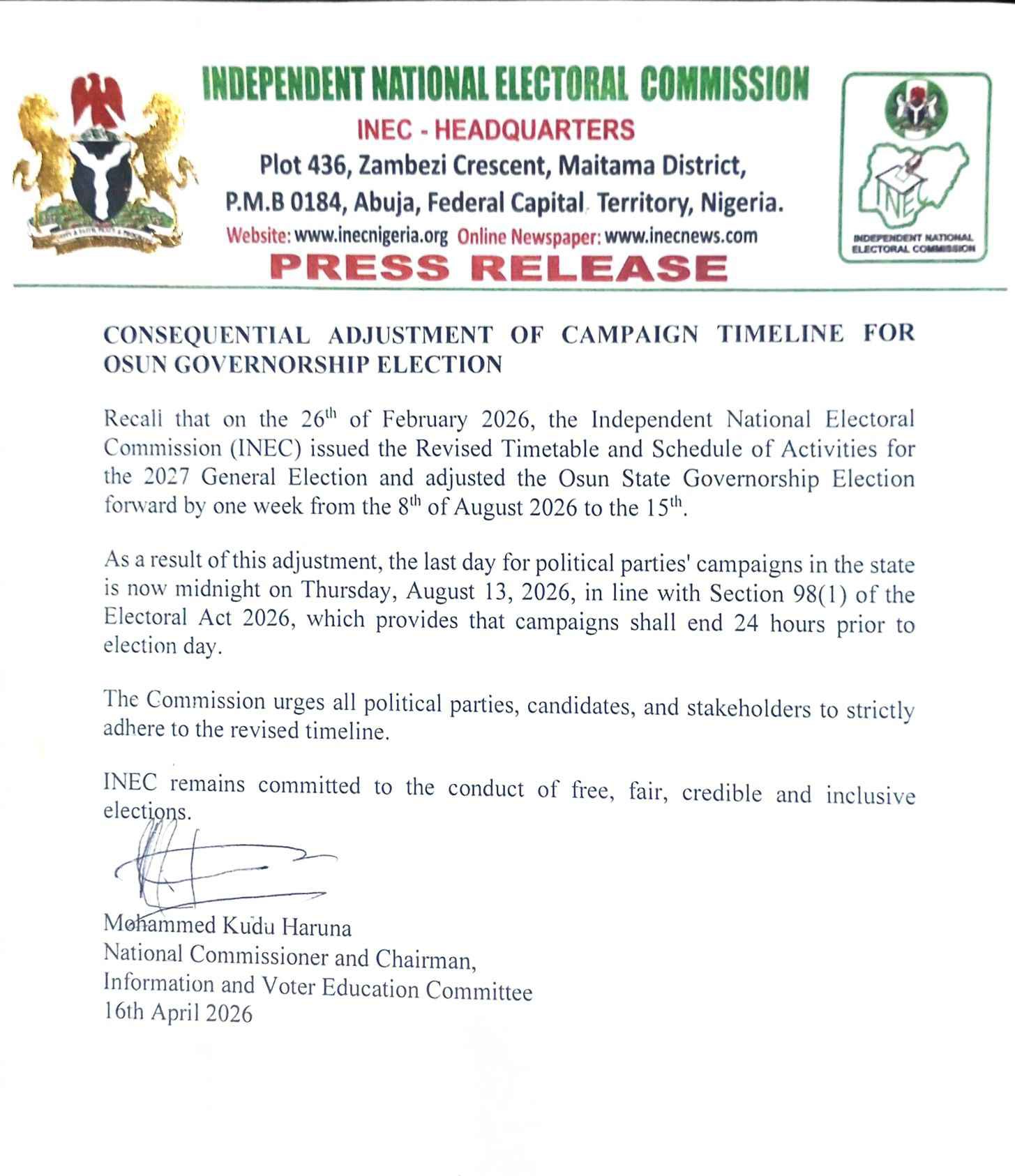 INEC Adjusts Osun Governorship Election Campaign Timeline by One Week