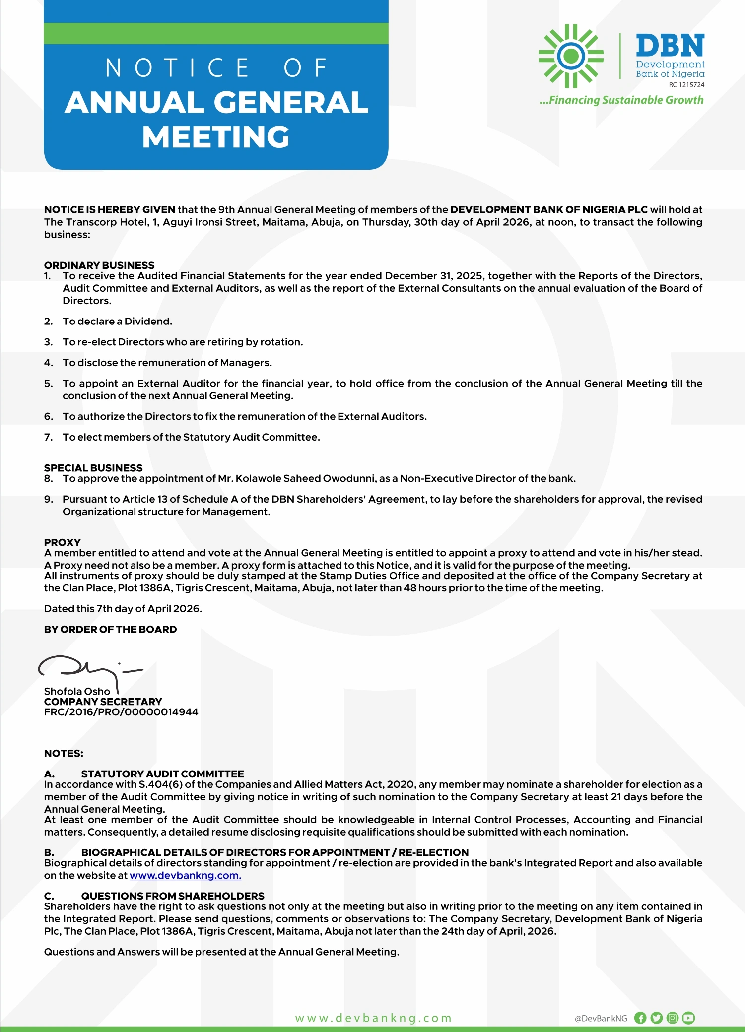 Notice of Development Bank of Nigeria's Annual General Meeting.