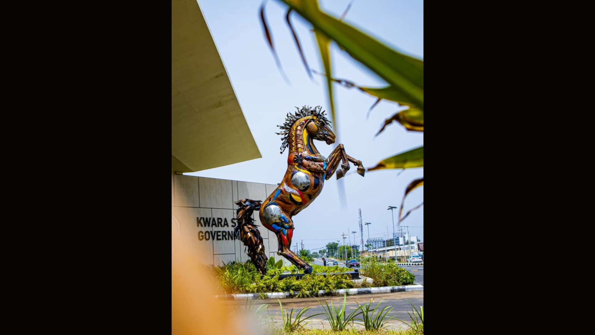 Side view of the newly installed sculpture of a prancing horse at the Ahmadu Bello House, Ilorin, Kwara State.