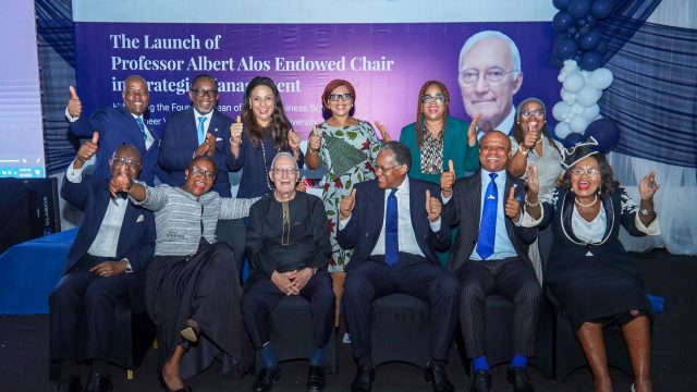 Front Row (L–R): Chief Sir Raymond Ihyembe, KSS, OON, Chairman, Endowed Chair Committee; Professor Olayinka David-West, Dean, Lagos Business School; Professor Albert Alos, Founding Dean, Lagos Business School and Pioneer Vice-Chancellor, Pan-Atlantic University; Odein Ajumogobia, SAN, Pro-Chancellor, Pan-Atlantic University; Mr Valentine Okelu, Vice President, Lagos Business School Alumni Association; Dr Stella Chinyelu Okoli, OON, Founder and Chief Executive Officer, Emzor Pharmaceutical Industries Limited.