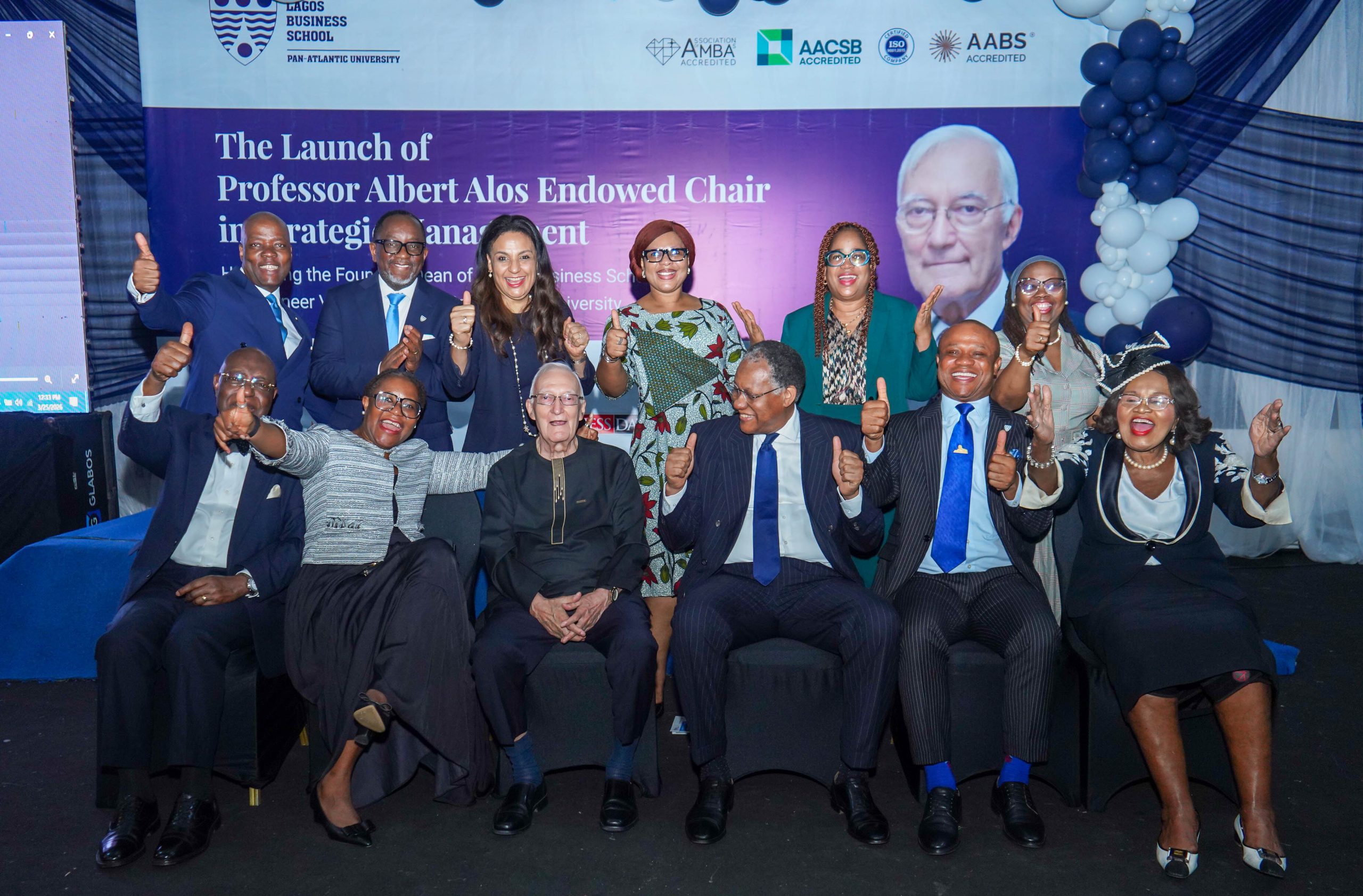 Front Row (L–R): Chief Sir Raymond Ihyembe, KSS, OON, Chairman, Endowed Chair Committee; Professor Olayinka David-West, Dean, Lagos Business School; Professor Albert Alos, Founding Dean, Lagos Business School and Pioneer Vice-Chancellor, Pan-Atlantic University; Odein Ajumogobia, SAN, Pro-Chancellor, Pan-Atlantic University; Mr Valentine Okelu, Vice President, Lagos Business School Alumni Association; Dr Stella Chinyelu Okoli, OON, Founder and Chief Executive Officer, Emzor Pharmaceutical Industries Limited.