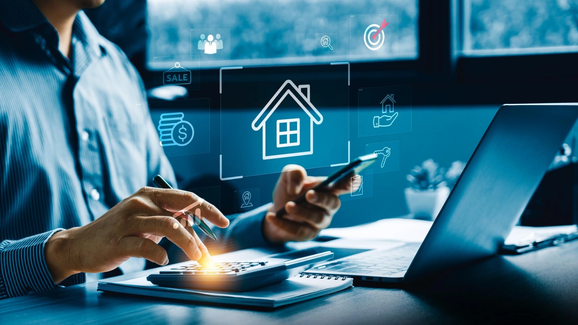 Business professional analyzing digital real estate data.