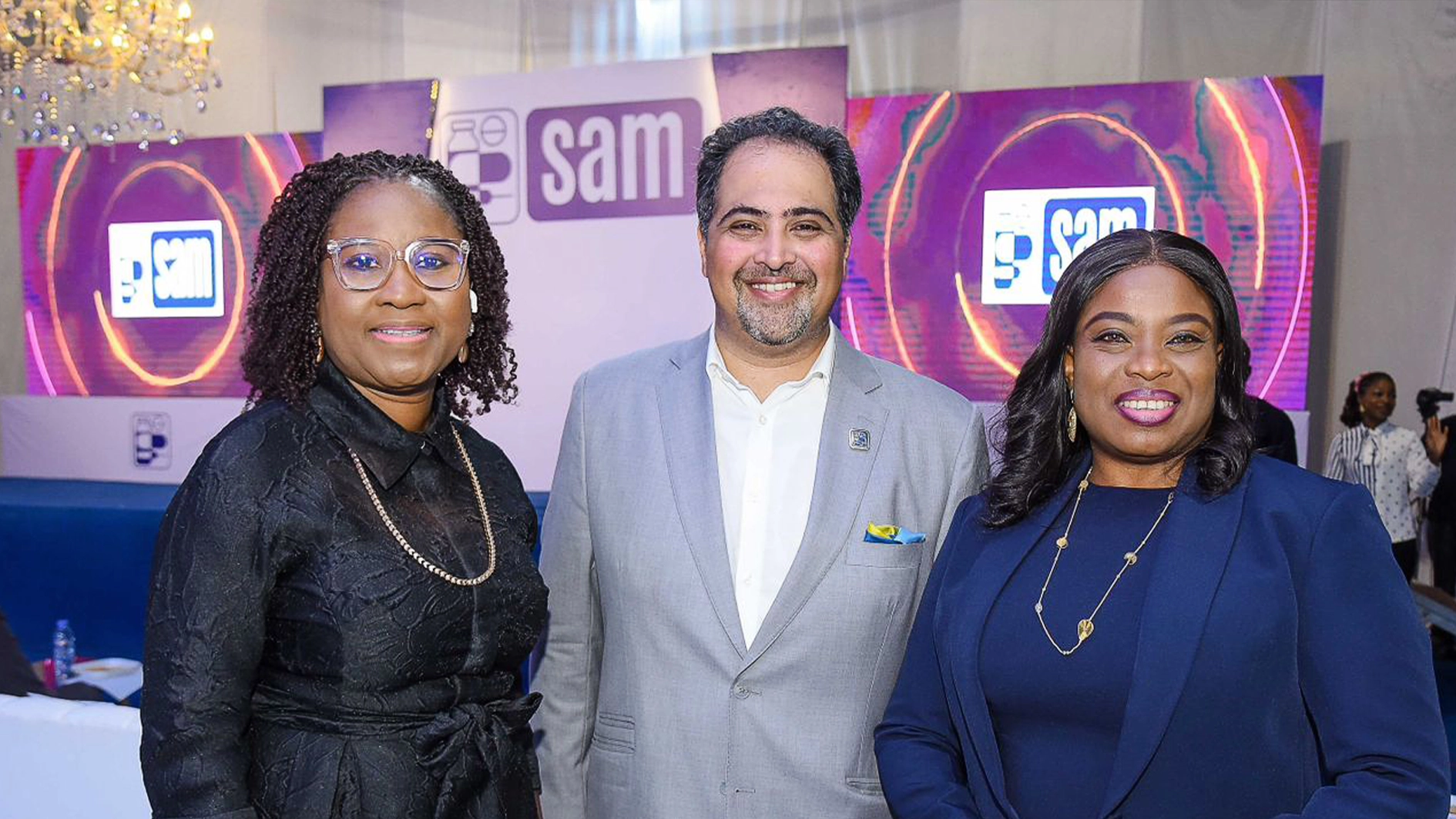 Managing Director/CEO, First City Monument Bank (FCMB), Yemisi Edun(left); Chairman/CEO of Sam Pharmaceutical Limited, Amit Bhojwani and Divisional Head, Emerging Corporates, FCMB, Chinyere Muda-Sanusi, at the commissioning of the company’s new factory, funded by FCMB and the Bank of Industry, held in Ota, Ogun State.