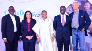 L-R: Segun Ogunsanya, Chairman, Cycleflow Limited; Dahlia Khalifa, Regional Director, Central Africa and Nigeria, International Finance Corporation (IFC); Jumoke Oduwole, Minister of Industry, Trade, and Investment; Emomotimi Agama, Director General, Securities and Exchange Commission/Representing Wale Edun, Minister of Finance and Coordinating Minister of the Economy of Nigeria; and Alexander “Sandy” Kemper, Chairman/CEO, C2FO, during the Official Launch of Cycleflow powered by C2FO in partnership with the IFC, in Lagos, on Thursday, 2nd April, 2026