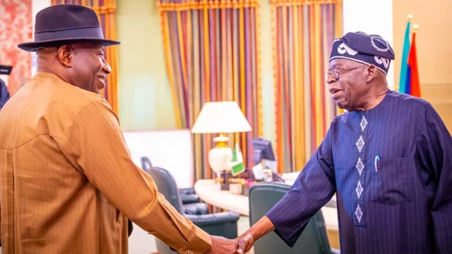 Former President Goodluck Jonathan (L), President Bola Ahmed Tinubu (R)