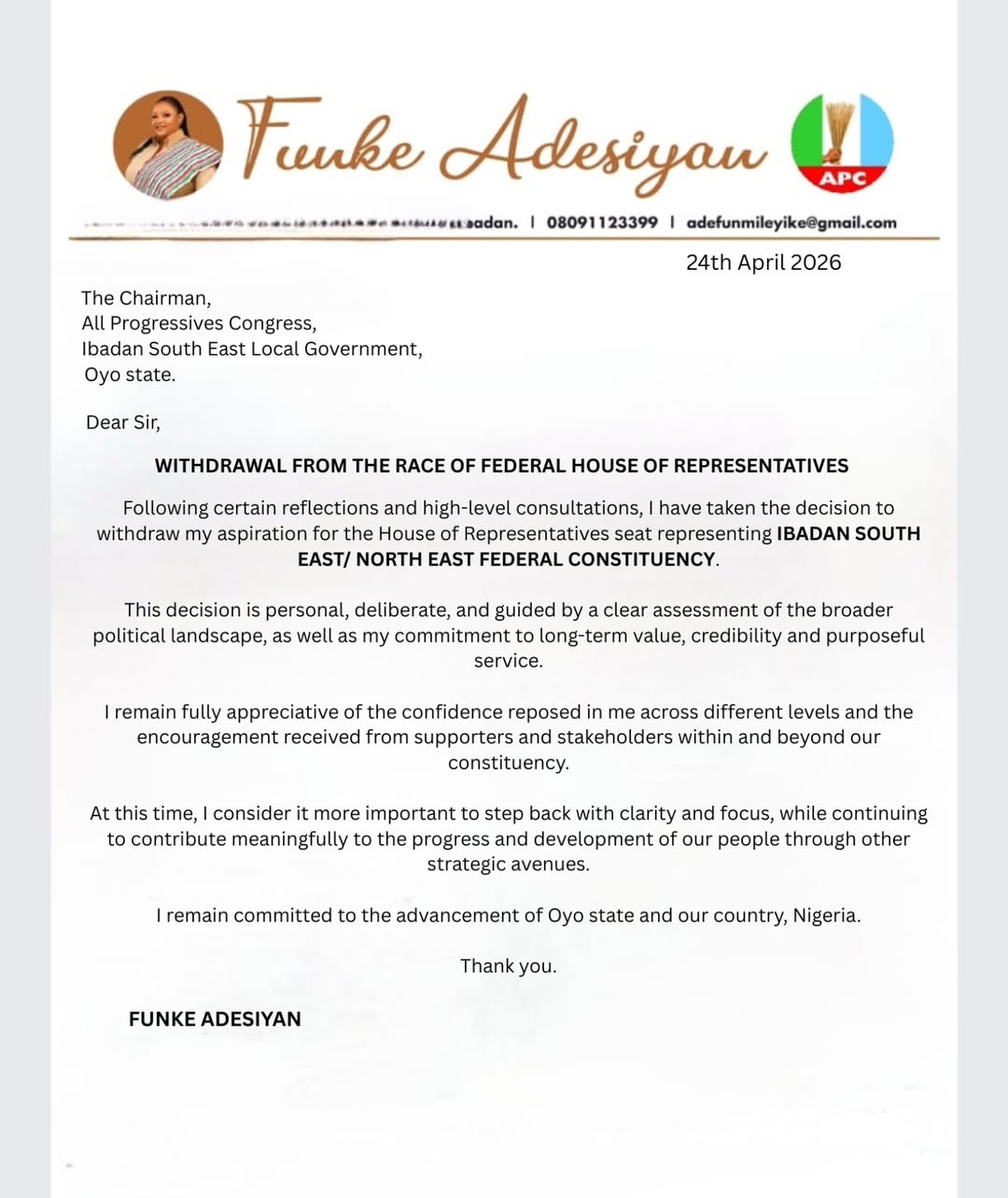 Funke Adesiyan official letter announcing withdrawal from Ibadan South-East North-East Reps race dated April 24 2026