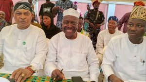 From left to right: New State Chairman, Otunba Femi Soluade, Congress Committee Chairman, Moshood Salvador and State Secretary, Adebisi Olusoji at the State Congress health at the ADC Secretariat, Itoko, Abeokuta