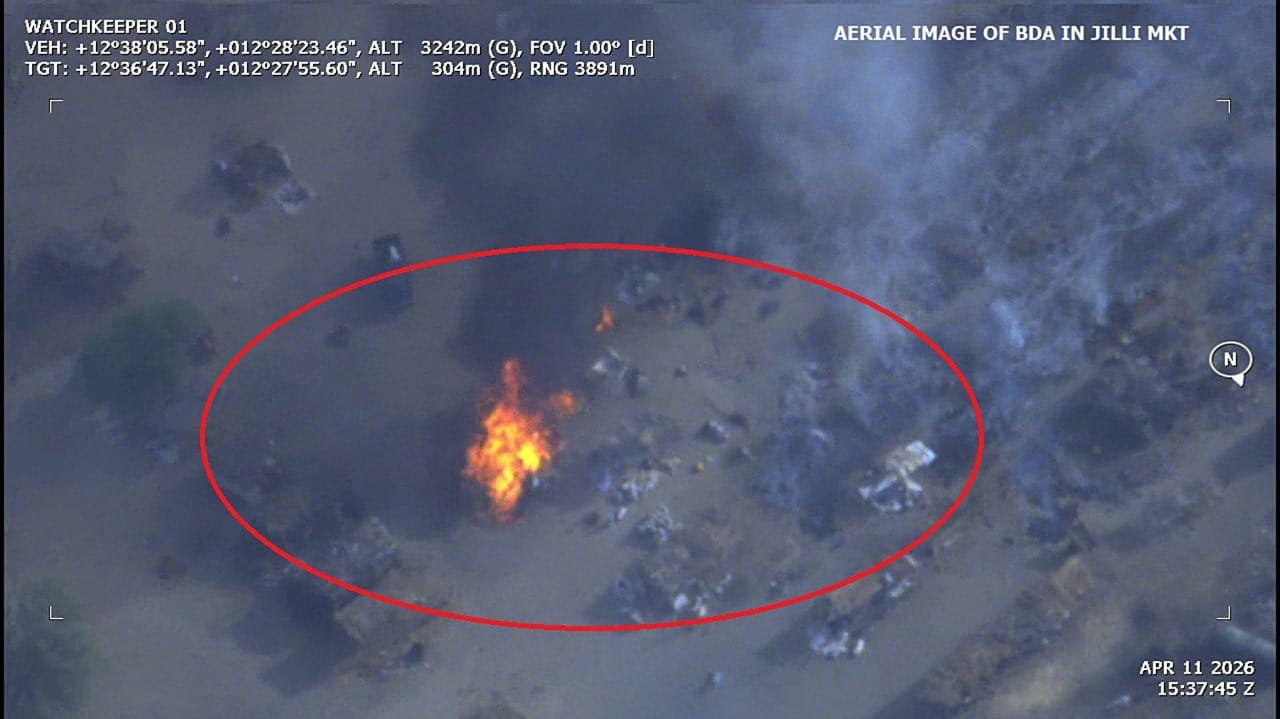 Aerial footage released from a military operation showing a targeted strike in Jilli, Gubio LGA of Borno State on April 11, 2026.