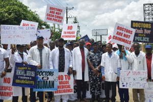 Medical doctors under NMA and ANPMP stage protest at Police College Ikeja over alleged harassment and intimidation by police