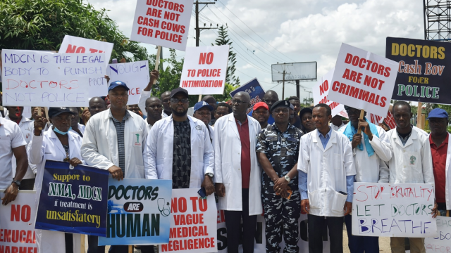 Medical doctors under NMA and ANPMP stage protest at Police College Ikeja over alleged harassment and intimidation by police