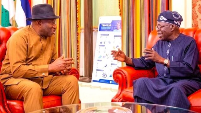 Former President Goodluck Jonathan (left) with President Bola Tinubu at the Presidential Villa, Abuja, yesterday.