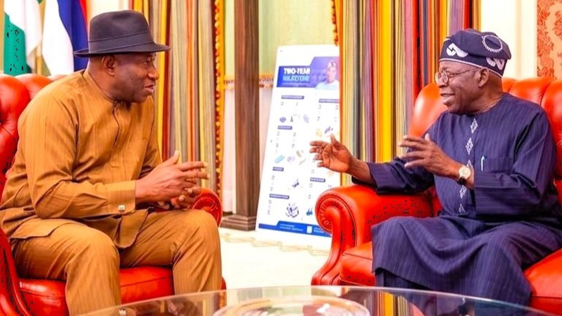 Former President Goodluck Jonathan (left) with President Bola Tinubu at the Presidential Villa, Abuja, yesterday.
