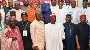 Former Governor, Niger State, Aliyu Babangida (left);  former Labour Party Presidential candidate, Peter Obi; Oyo State Governor, Seyi Makinde; past Kano State Governor, Rabiu Kwankwanso; former Vice President, Atiku Abubakar and National Chairman, African Democratic Congress (ADC), David Mark, during the National Summit of Opposition Political Party Leaders, held at Government House, Ibadan at the weekend.