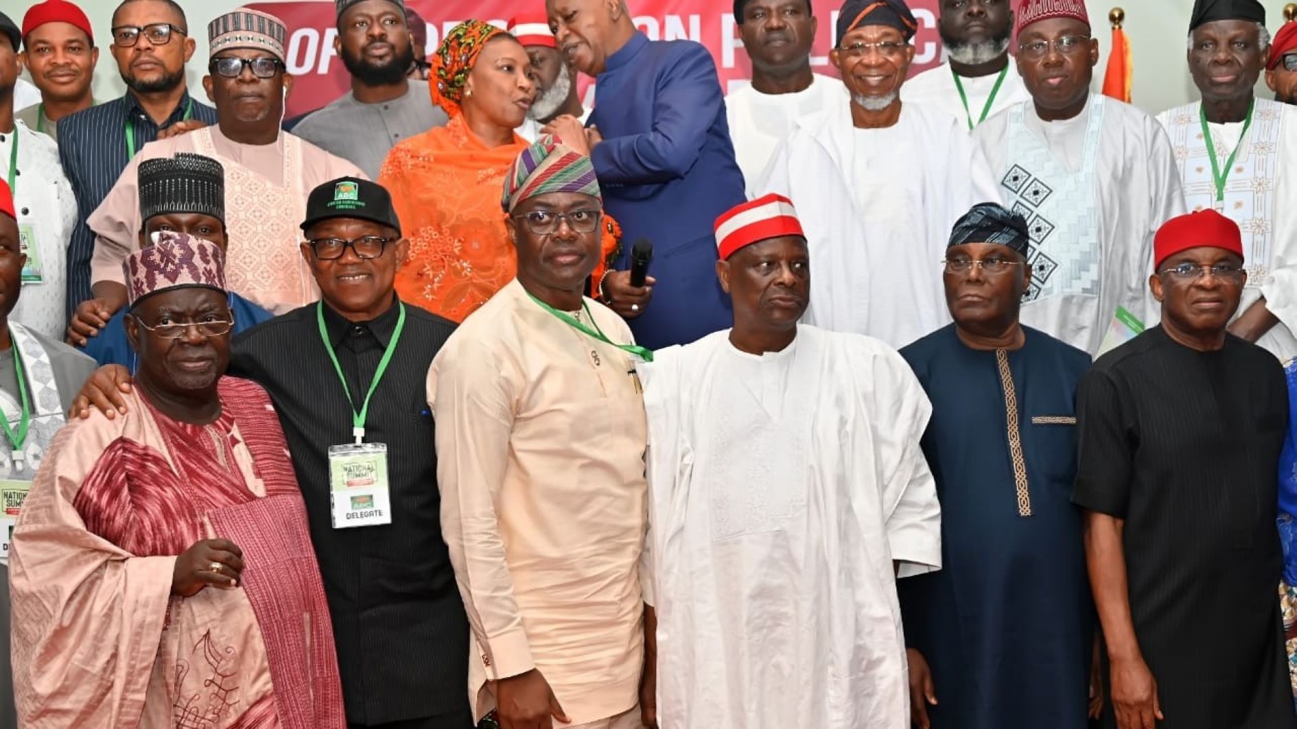 Former Governor, Niger State, Aliyu Babangida (left);  former Labour Party Presidential candidate, Peter Obi; Oyo State Governor, Seyi Makinde; past Kano State Governor, Rabiu Kwankwanso; former Vice President, Atiku Abubakar and National Chairman, African Democratic Congress (ADC), David Mark, during the National Summit of Opposition Political Party Leaders, held at Government House, Ibadan at the weekend.