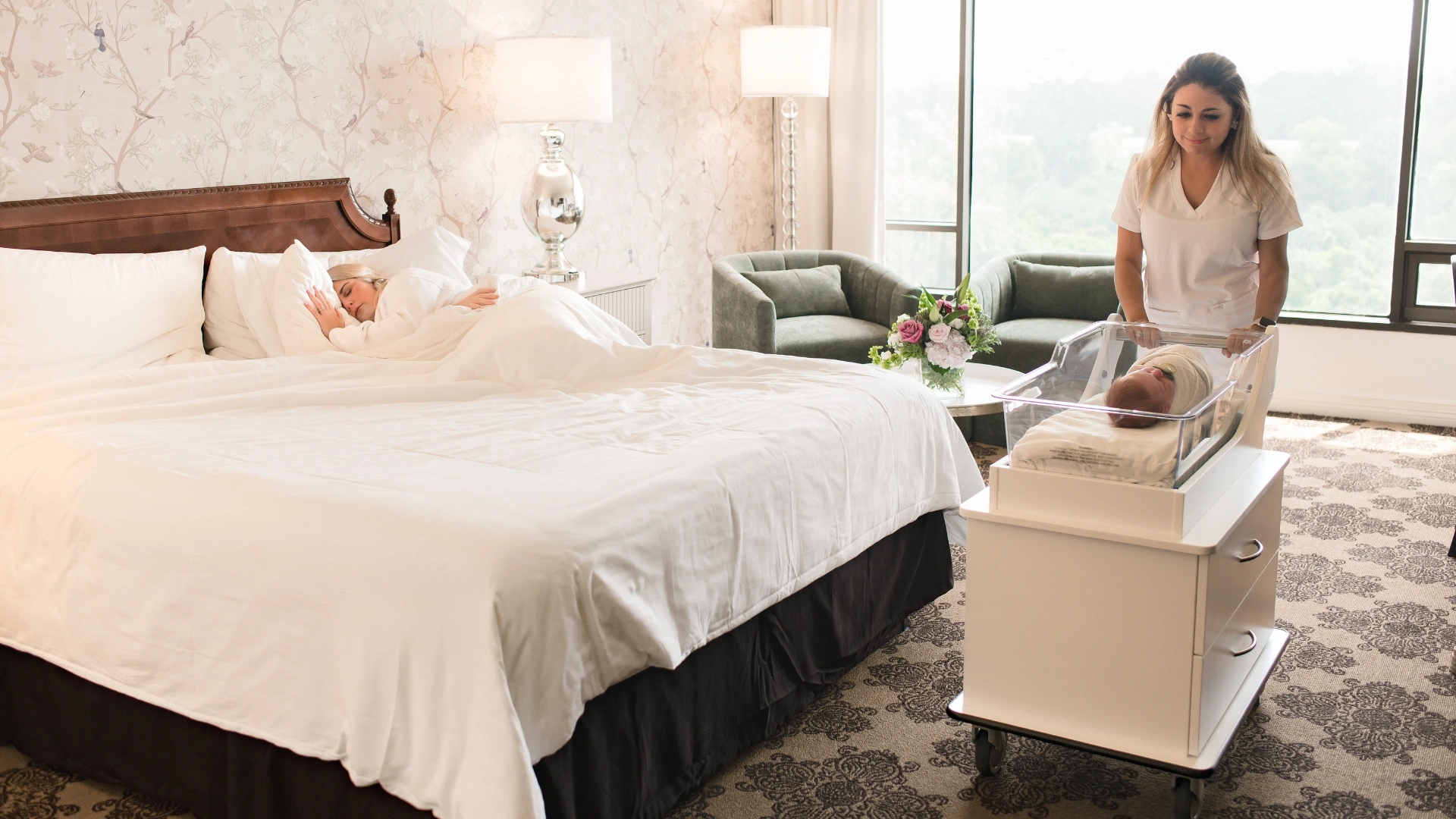 A new mother and a nurse at a luxury retreat