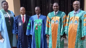 The Registrar,  Crawford University, Dr. Caroline Ogunsakin (left);  Deputy Vice Chancellor, Prof Aladegbola Isaac;  Vice Chancellor, Professor Solomon Makinde; Bursar, Mr. Gabriel Ngburuka; University Librarian, Mr. Humphrey Nwaogu; at the 21st Matriculation Ceremony of Crawford University, Igbesa, Ogun State.