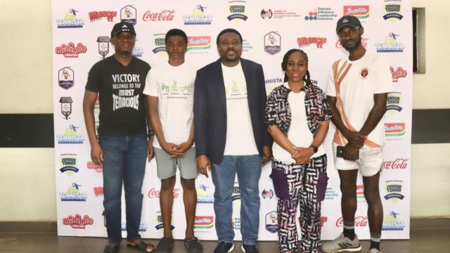 Captain Tennis Section, Lagos Country Club, Ikeja, Mr Tunde Benson (left), winner 2025 Edition, David Edward; President Tennista Foundation INc, Michael Nwoseh, Strategic Project Lead, American Business Council, Nigeria, Mrs Joy Lawal; LKJ tennis coach Patrick Oshe, at the opening ceremony of the 2026 event at Lagos Country Club, Ikeja