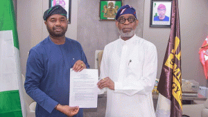 Executive Chairman, Nigeria Revenue Service (NRS), Zacch Adedeji (left); and Minister of Solid Minerals Development, Dele Alake during a collaborative meeting on mineral royalty administration at the minister’s office in Abuja… on Thursday.