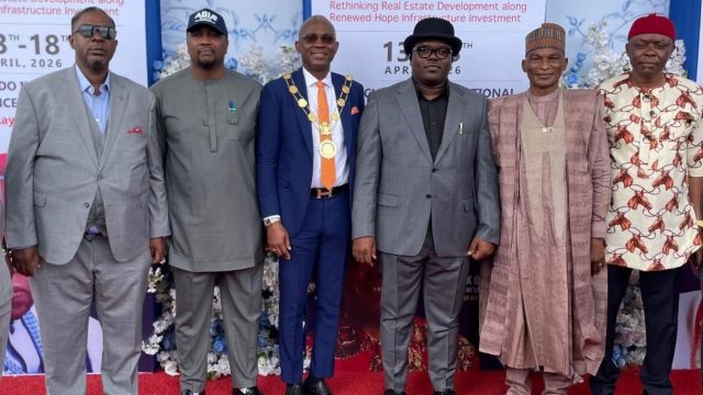 Second Vice President, Nigerian Institution of Estate Surveyors and Valuers (NIESV), Dr Emmanuel Mark (left); Abia State Commissioner for Land and Housing, Chaka Chukwumerije; NIESV President, Victor Alonge; Deputy Governor, Ikechukwu Emetu; NIESV First Vice President, Bature Mohammad and Chairman, NIESV Organising Committee, Mark Ugorji during the 56th yearly conference held at Umuahia, Abia State.
