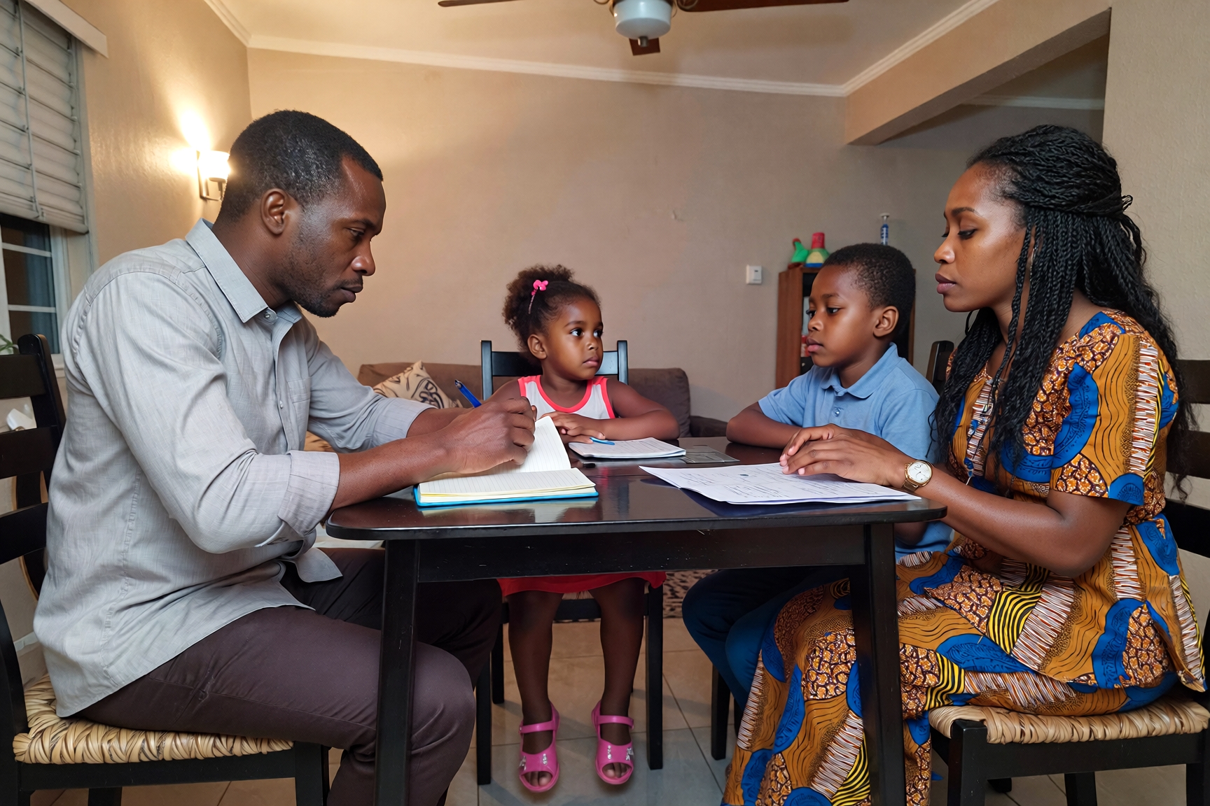 Family discussing finances at a table, representing average family income in Nigeria, different income levels, and how Nigerian households plan around monthly earnings