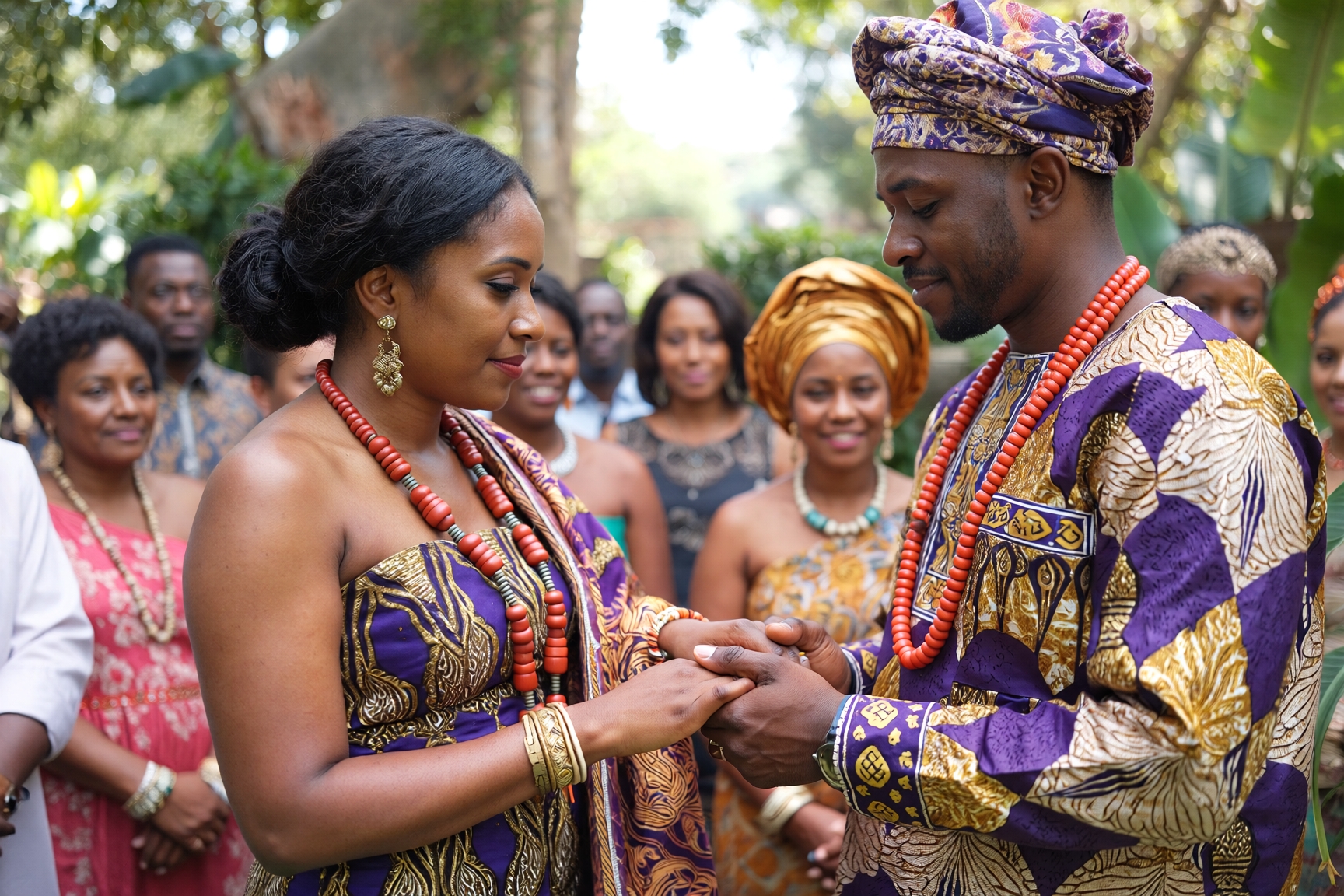 A Nigerian couple performing a customary engagement, representing different types of marriage in Nigeria and traditional marital practices