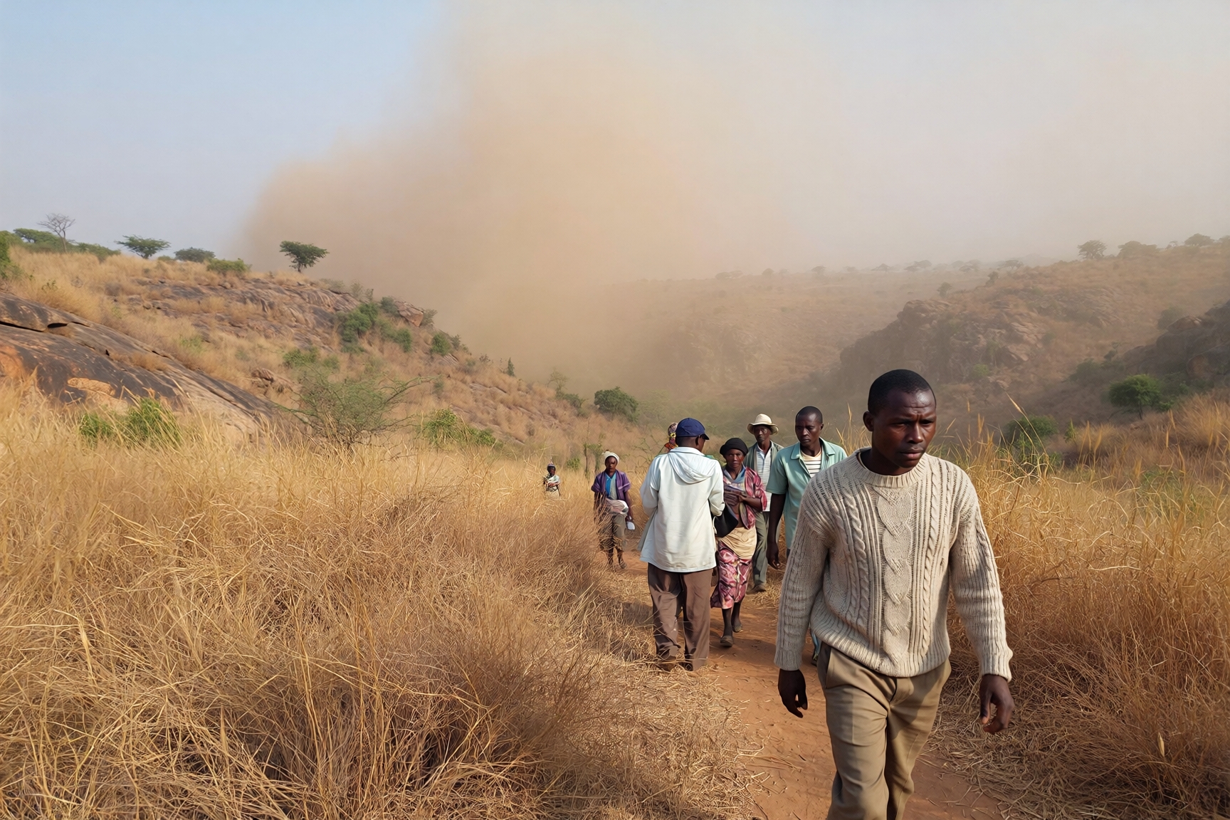 People walking through a dry, dusty landscape during Harmattan season in northern Nigeria, illustrating why it does not snow in Nigeria and how cold winter conditions differ