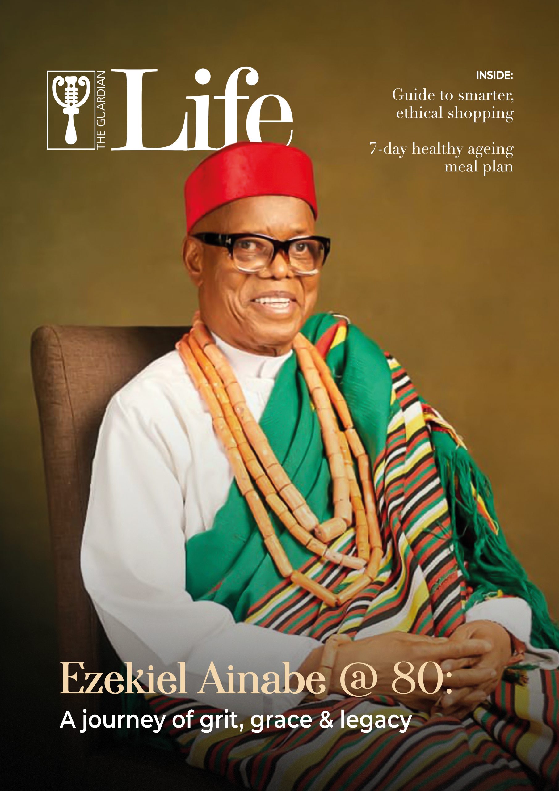Chief Dr Ezekiel Aikohi Ainabe on Guardian Life cover celebrating 80 in traditional attire