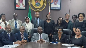 Justice Hakeem Oshodi (left); team lead, International Academy of Forensic (IAF), Dr Damilola Fagboro; Chief Judge of Lagos State, Justice Kazeem Alogba; Justice Modupe Nicole-Clay; Justice Olubunmi Abike-Fadipe, and others during a courtesy visit by the IAF, yesterday.