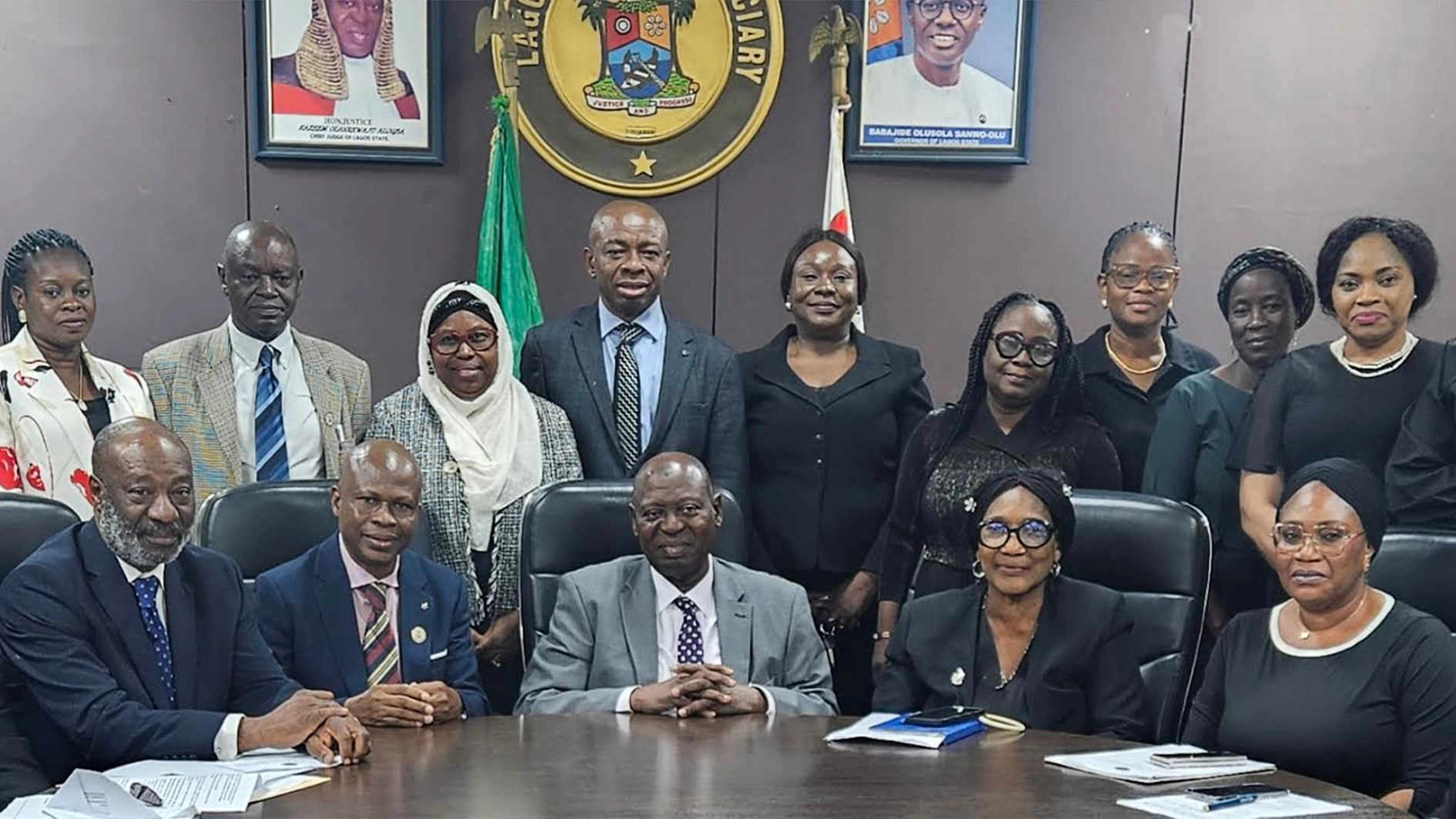 Justice Hakeem Oshodi (left); team lead, International Academy of Forensic (IAF), Dr Damilola Fagboro; Chief Judge of Lagos State, Justice Kazeem Alogba; Justice Modupe Nicole-Clay; Justice Olubunmi Abike-Fadipe, and others during a courtesy visit by the IAF, yesterday.
