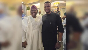 Senator Solomon Olamilekan Adeola (L) and Adebare Abolurin, chieftain of the All Progressives Congress (APC) in Ogun State (R)