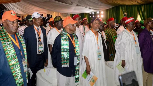 Former Vice President Atiku Abubakar (left); former Edo State Governor Prof. Oserheimen Osunbor; National Chairman, African Democratic Congress (ADC), David Mark; National Secretary of the Party, Rauf Aregbesola; former Governor of Kano State, Rabiu Kwankaso and  ex-Governor of Rivers State, Rotimi Ameachi, during the ADC National Convention in Abuja.