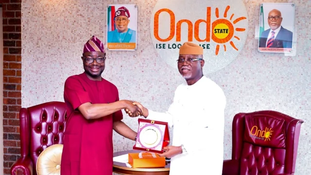 L -R,  Hon.Minister of Humanitarian Affairs and Poverty Reduction Dr. Bernard M.Doro and Executive Governor of Ondo State, His Excellency Hon. (Dr.) Lucky Orimisan Aiyedatiwa during the Hon. Minister’s Visit to Ondo State for Stakeholders Engagement & Interaction with Beneficiaries of the Household, Prosperity and Empowerment Cash Transfer Program