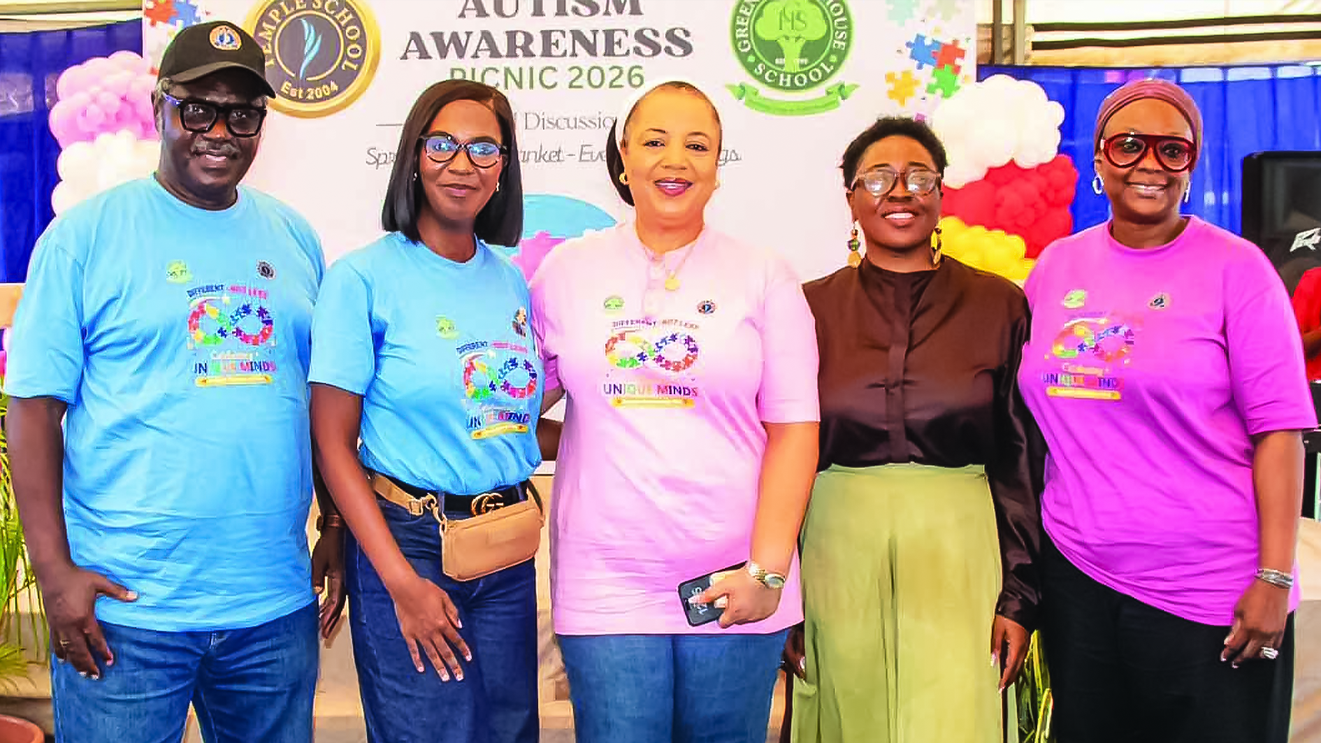 Chairman of the Board Temple School/Greenwood House School Ikoyi, Mr Robert Okharedia (left); Head of Exceptional Learners Department, Temple School/Greenwood House School Ikoyi, Mrs Oseri Owoeye; Founding Director, Temple School/Greenwood House School Ikoyi, Mrs Shirley Okharedia; Psychotherapist/Founder, The Birthing Co & Kids Life School, Mrs Damilola Adedeji, and a Temple School Parent, Mrs Olubunmi Shonubi, during the school’s Autism Awareness picnic held recently in Lagos