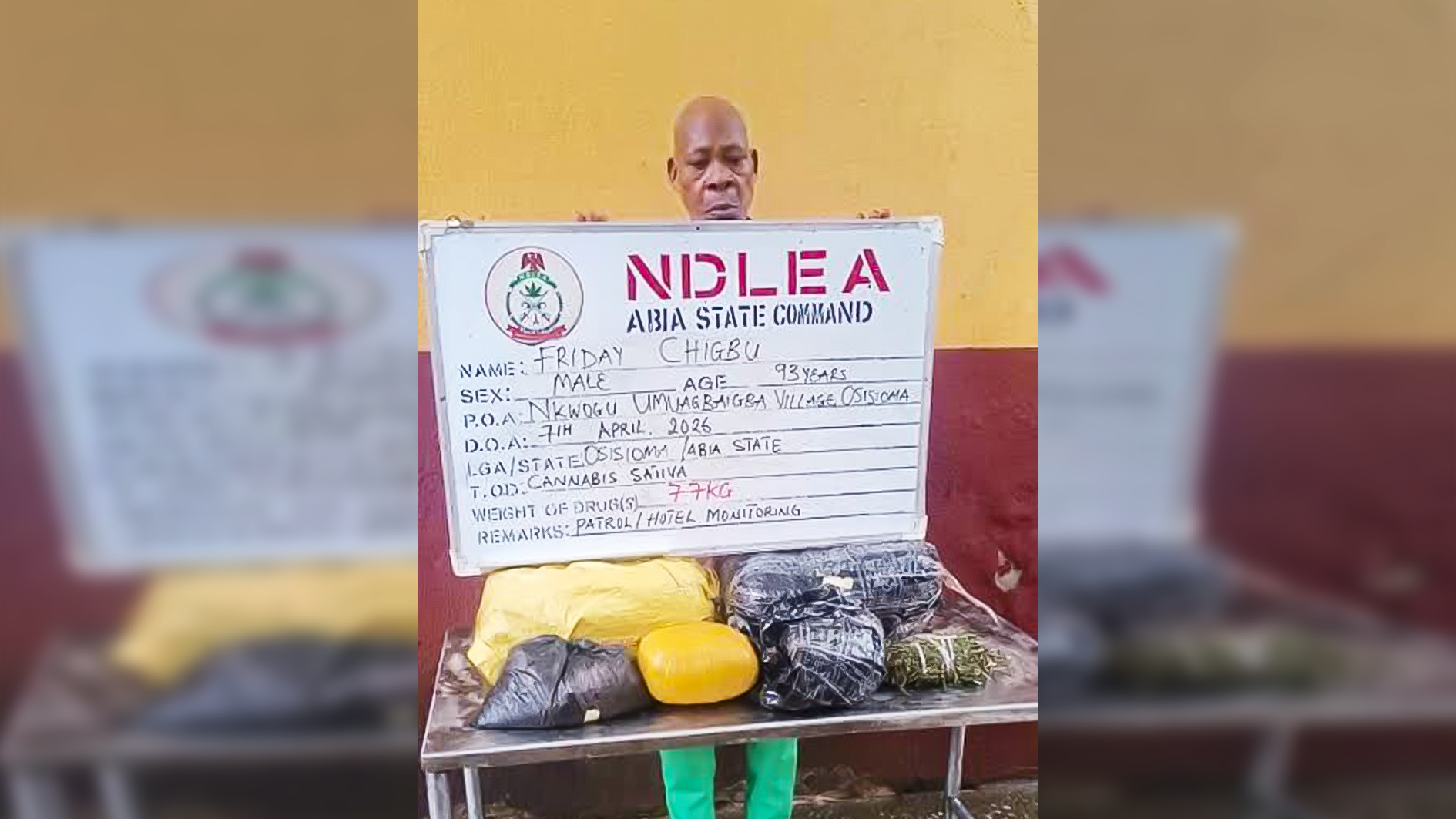A 93-year-old and 69-year-old doctor were arrested as National Drug Law Enforcement Agency intensified crackdowns; 7.7kg cannabis recovered in Abia State.