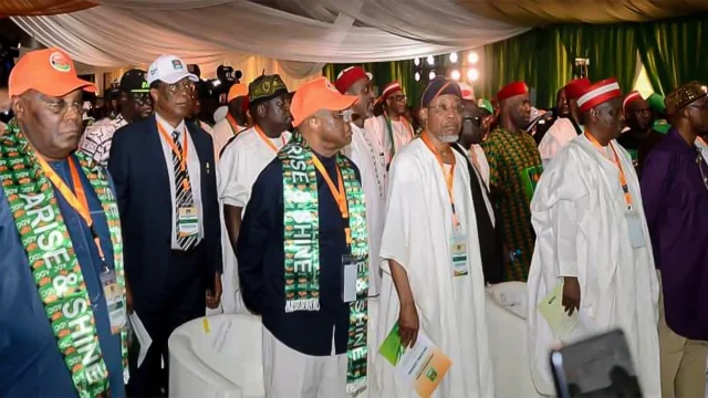 Former Vice President Atiku Abubakar (left); former Edo State Governor Prof. Oserheimen Osunbor; National Chairman, African Democratic Congress (ADC), David Mark; National Secretary of the Party, Rauf Aregbesola; former Governor of Kano State, Rabiu Kwankaso and  ex-Governor of Rivers State, Rotimi Ameachi, during the ADC National Convention in Abuja.