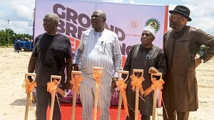 L-R:  Dr Patrick Ndiomu, Chairman, Southfield Petroleum Limited, Senator Heineken Lokpobiri (Ph.D.), Minister of State for Petroleum Resources (Oil) Dr Abdulmalik Halilu, Director, Corporate Services, Nigerian Content Development and Monitoring Board (NCDMB), Ejiro Dortie – GM, Commercial Ventures Division, NCDMB, at the groundbreaking ceremony of Southfield Utorogu Gas Processing Plant, Delta State, on Tuesday.
