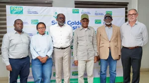 Director of Strategy and Stakeholder Relations at Flour Mills of Nigeria Plc, Sadiq Usman (left); Head, Strategy and Performance Management at the National Sugar Development Council (NSDC), Ms. Edirin Akemu; Group Chief Executive Officer of Golden Sugar Company (GSC), Boye Olusanya; Minister of State for Industry, Senator John Owan Enoh; Executive Secretary/Chief Executive Officer, NSDC, Kamar Bakrin and GSC General Manager, Anlo Du Pisani; during the Minister’s visit to the GSC Complex in Sunti, Niger state.