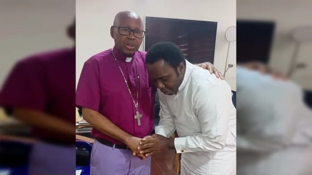 : Pictures shows Archbishop of the Province on the Nigeria and Bishop of Akwa, His Grace Most Rev Dr. Alexander Ibezim (left) welcoming Anambra LP Senatorial aspirant, Venerable Tochukwuu Sagacious Ikezue at the Bishop’s Court in Awka