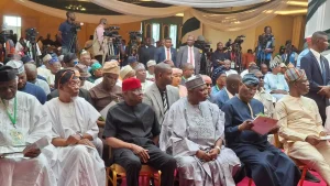 Prof. Jerry Gana, Secretary of ADC, Rauf Aregbesola; National Chairman of ADC, Sen. David Mark; former Vice President Atiku Abubakar and Governor Seyi Makinde of Oyo State during the National Summit of Opposition Political Party Leaders hosted by Governor Makinde in Ibadan