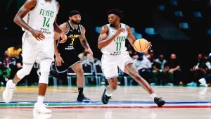 Jawad Adekoya of the Maktown Flyers (right) drives to the basket during their BAL opening game against JCA Kings at Prince Moulay Abdellah Sports Complex in Rabat, Morocco, at the weekend.