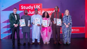 Deputy Head of Mission, Deputy High Commission, Lagos, Simon Field (left); Winner, Business and Innovation category, Dimeji Sofowora; Winner, Science and Sustainability category, Abdulazeez Ahmed; Winner, Culture, Creativity and Sport category, Yemisi Sophie Odusanya; Winner, Social Action category, Kola Alapinni, and Donna McGowan, Country Director, British Council in Nigeria, at the awards ceremony held in Lagos.