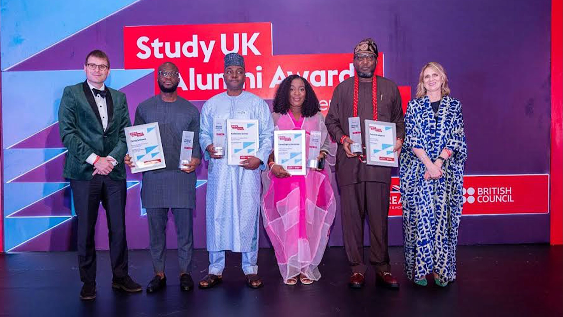 Deputy Head of Mission, Deputy High Commission, Lagos, Simon Field (left); Winner, Business and Innovation category, Dimeji Sofowora; Winner, Science and Sustainability category, Abdulazeez Ahmed; Winner, Culture, Creativity and Sport category, Yemisi Sophie Odusanya; Winner, Social Action category, Kola Alapinni, and Donna McGowan, Country Director, British Council in Nigeria, at the awards ceremony held in Lagos.