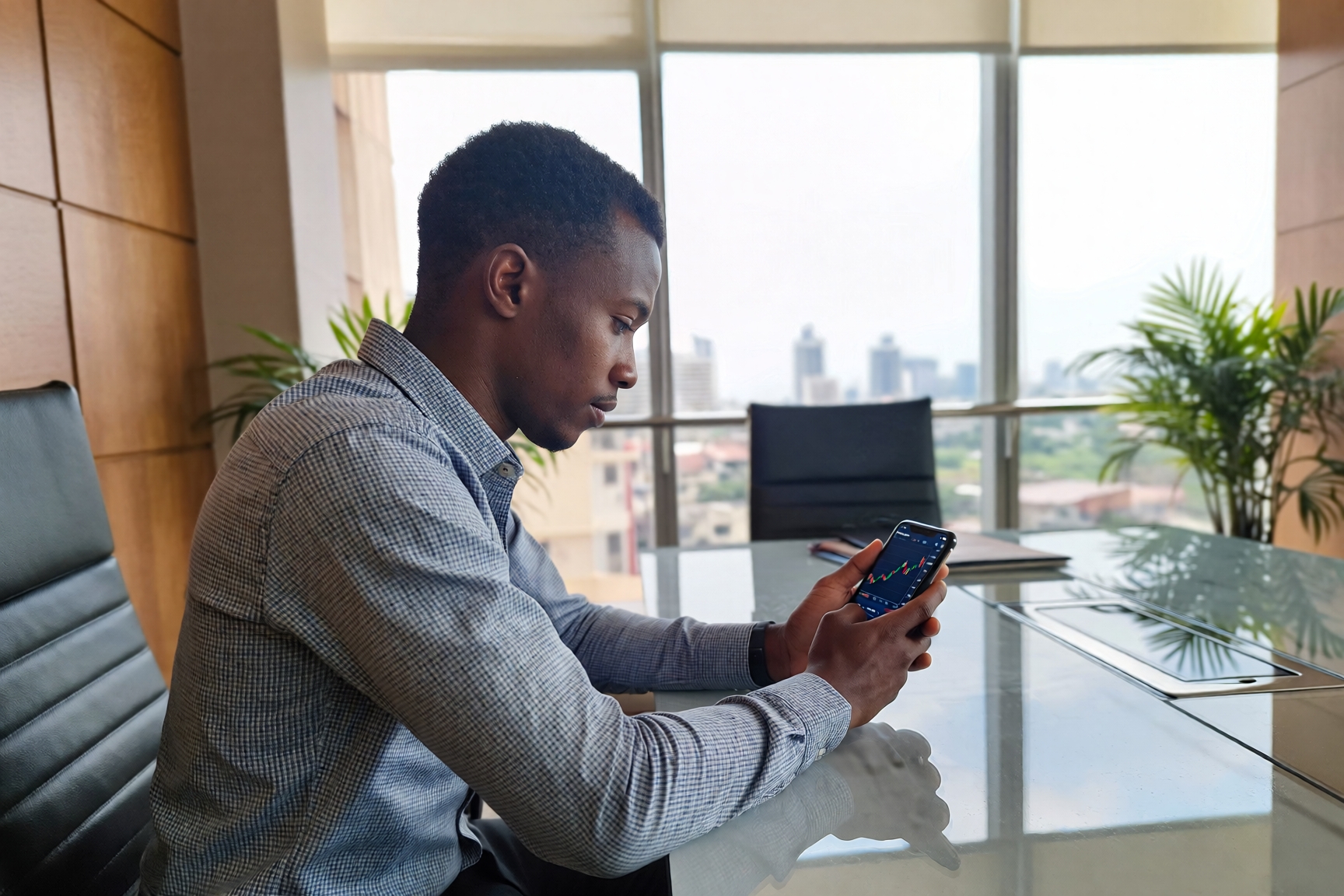 Man reviewing stock market data on his phone in an office, illustrating short-term investing in Nigeria and the best way to invest money for one year for consistent returns
