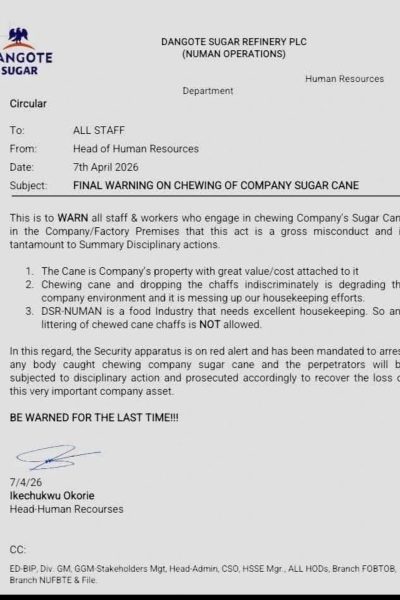 Dangote Sugar warns staff over chewing company sugar cane in Adamawa