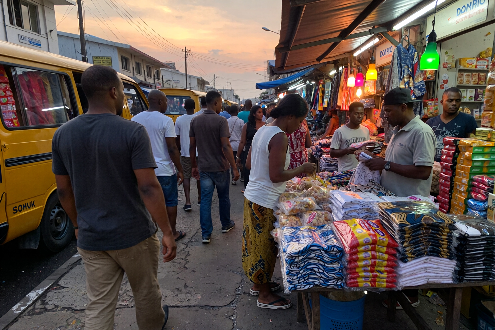 Busy Lagos street market showing Nigeria’s ethnic diversity with vendors and shoppers buying everyday goods in a vibrant commercial area