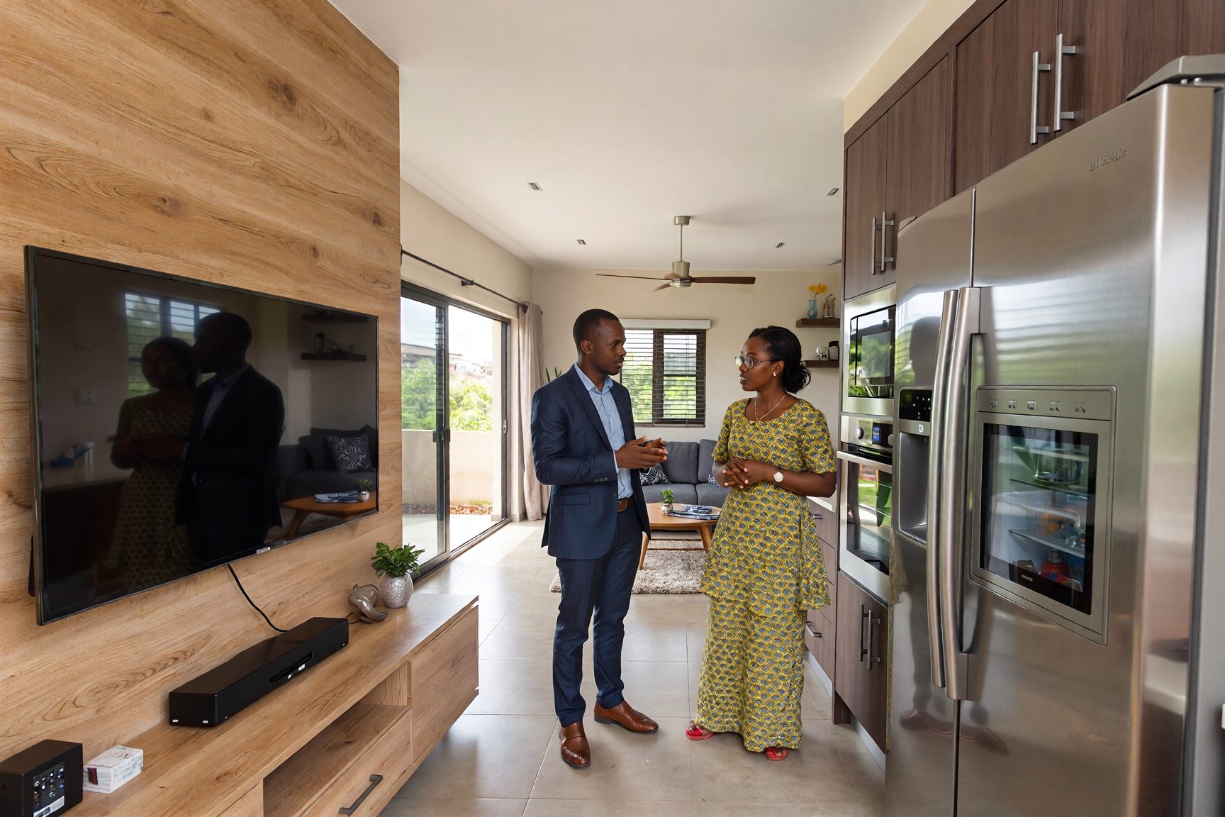 Business professionals discussing home appliances and electronics in Nigerian residence featuring refrigerator and television setup