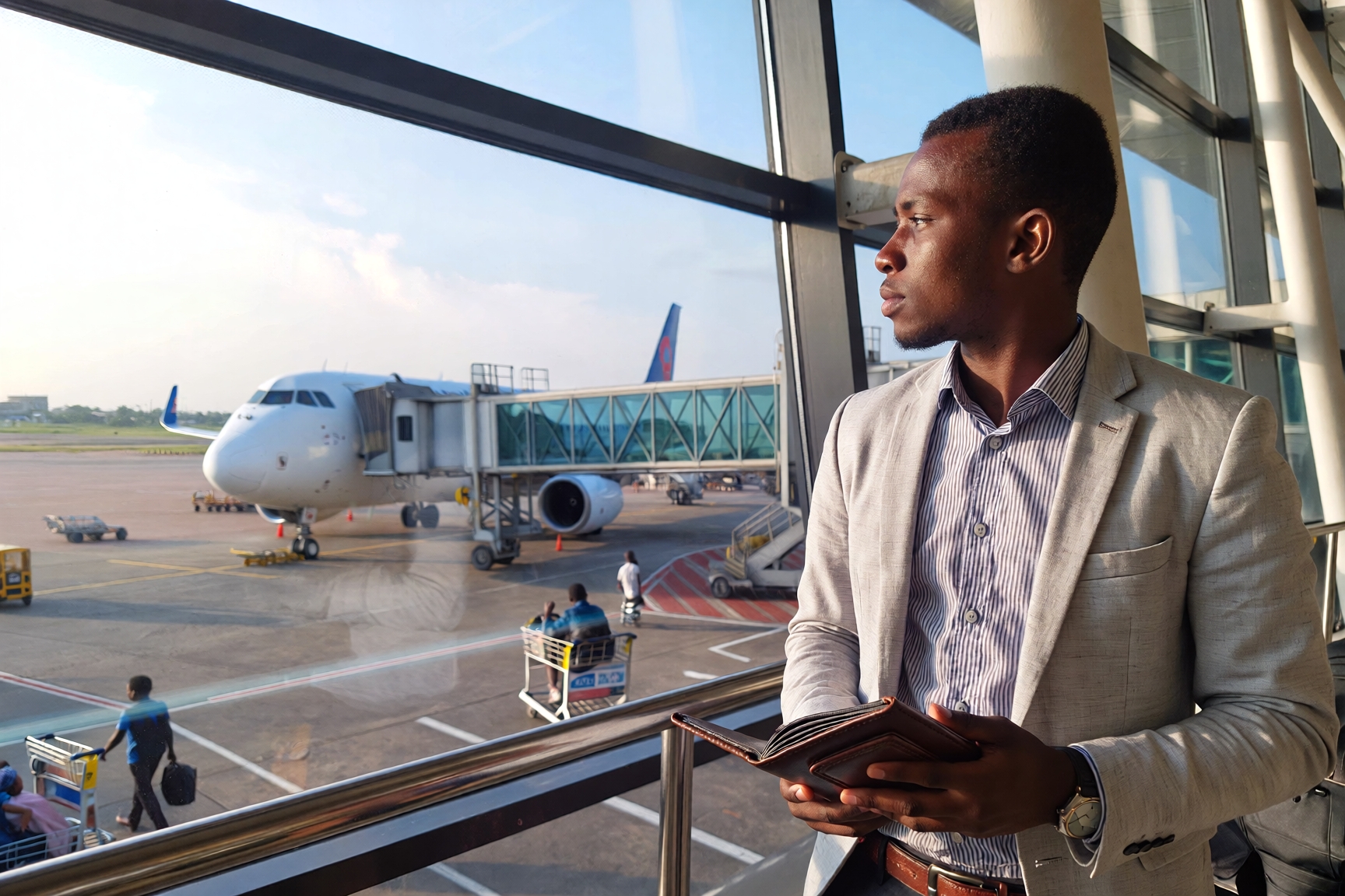 Nigerian man at airport preparing to relocate to the USA looking at airplane departure while planning travel and visa process