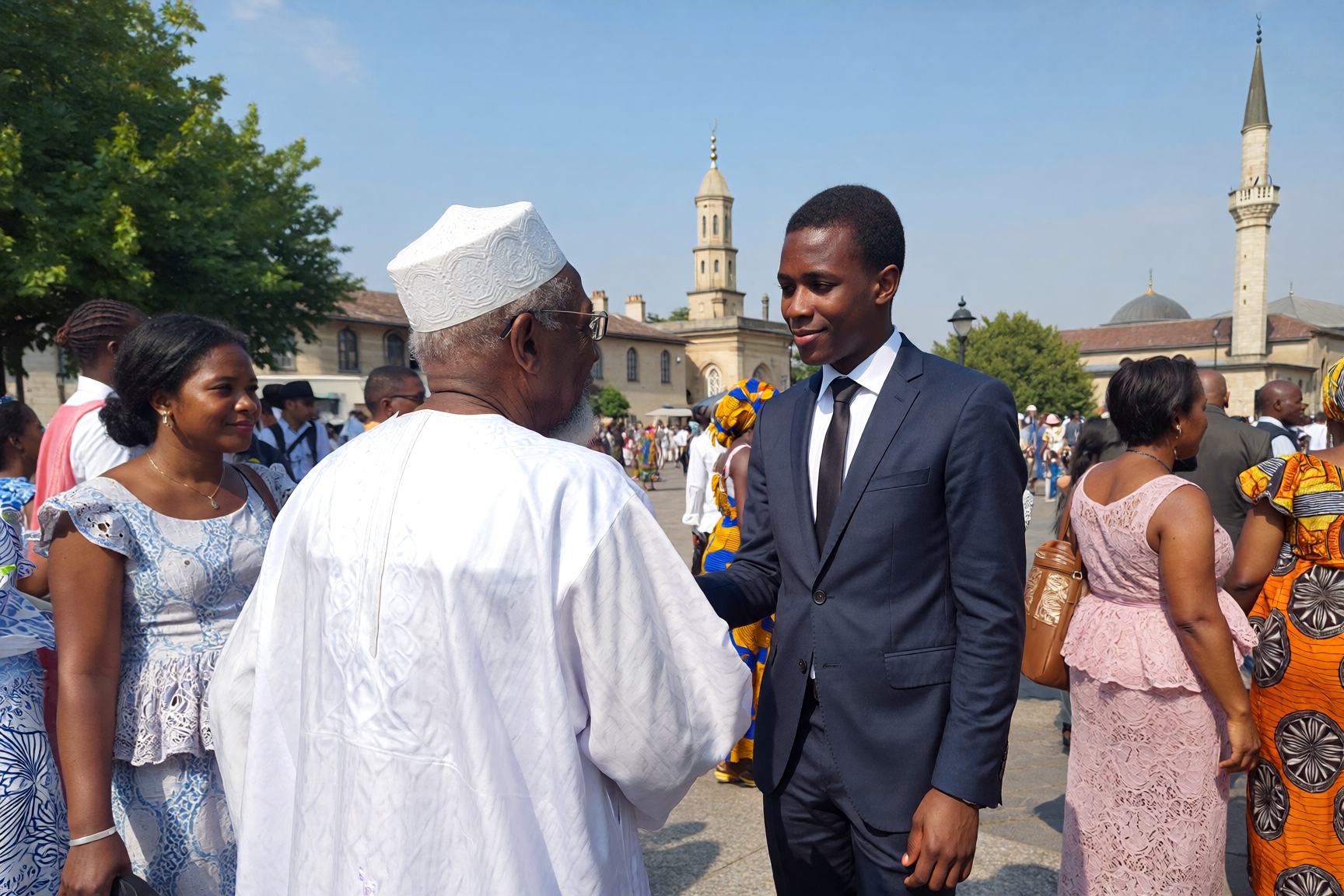 Men greeting each other in a Nigerian city with a mosque in the background, reflecting Islam and Christianity as major religions practiced in Nigeria