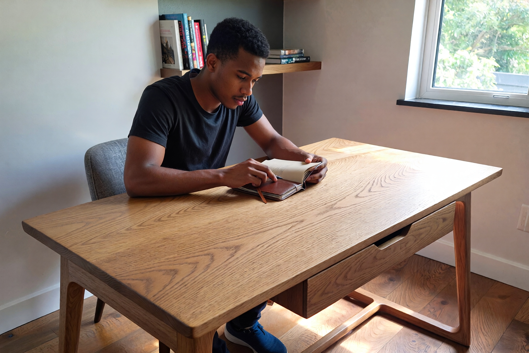 Person using a minimalist writing desk with a clean surface and minimal storage, illustrating what a writing desk is and how it differs from a standard desk